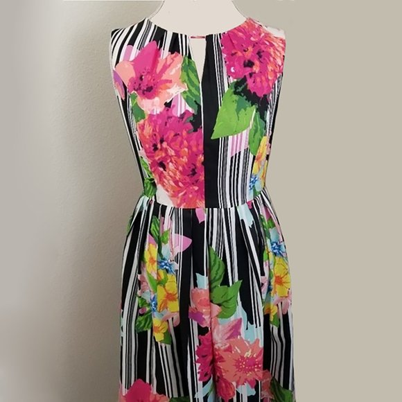 ELLEN TRACY 2 XS Floral Dress Stripe Fit Flare Keyhole Midi 50s Retro 4 S 1950s - Picture 7 of 14